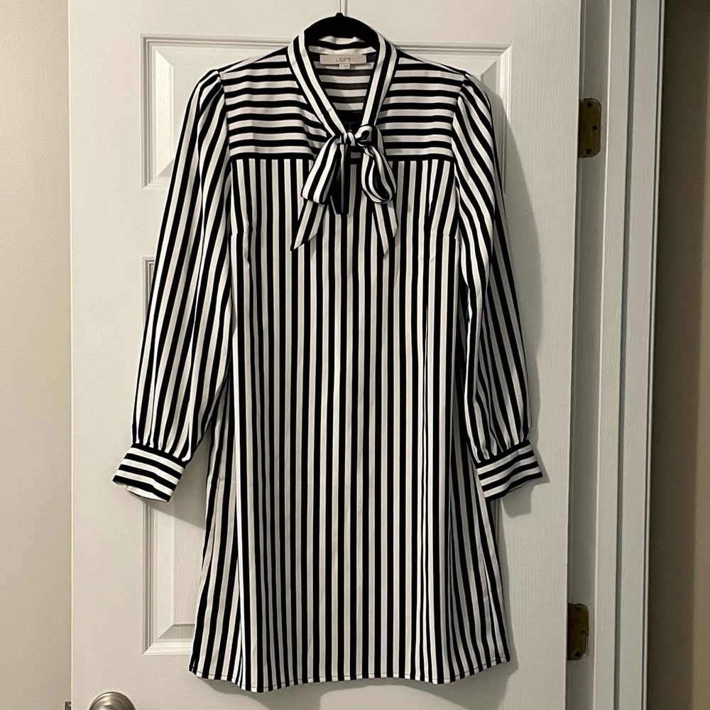 NWOT Loft Black and White Striped Dress with Bow
